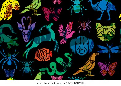 Elegant seamless pattern with mammals, reptiles, birds, fishes and insects, design elements. Fauna  pattern for invitations, cards, print, gift wrap, manufacturing, textile, fabric, wallpapers