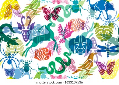 Elegant seamless pattern with mammals, reptiles, birds, fishes and insects, design elements. Fauna  pattern for invitations, cards, print, gift wrap, manufacturing, textile, fabric, wallpapers
