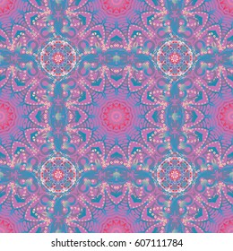 Elegant seamless pattern with and Mandala elements. Nice blue and pink hand-drawn seamless vector illustration.