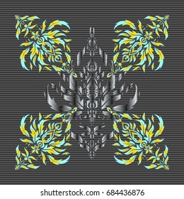 Elegant seamless pattern with and Mandala elements. Nice gray, yellow and blue hand-drawn seamless vector illustration.