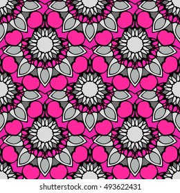 Elegant seamless pattern with Mandala and floral elements. Nice hand-drawn vector illustration