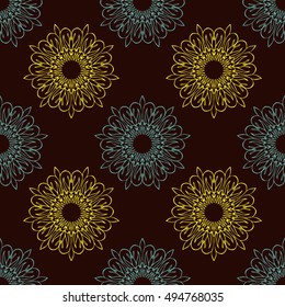 Elegant seamless pattern with Mandala and floral elements. Nice hand-drawn vector illustration