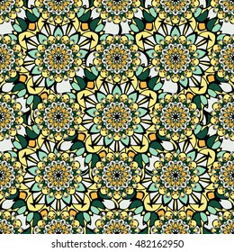 Elegant seamless pattern with Mandala-like elements. Nice and colorful vector illustration
