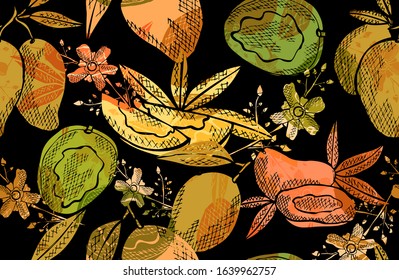 Elegant seamless pattern with mango fruits, design elements. Fruit  pattern for invitations, cards, print, gift wrap, manufacturing, textile, fabric, wallpapers. Food, kitchen, vegetarian theme