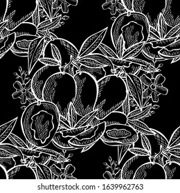 Elegant seamless pattern with mango fruits, design elements. Fruit  pattern for invitations, cards, print, gift wrap, manufacturing, textile, fabric, wallpapers. Food, kitchen, vegetarian theme