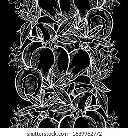 Elegant seamless pattern with mango fruits, design elements. Fruit  pattern for invitations, cards, print, gift wrap, manufacturing, textile, fabric, wallpapers. Food, kitchen, vegetarian theme