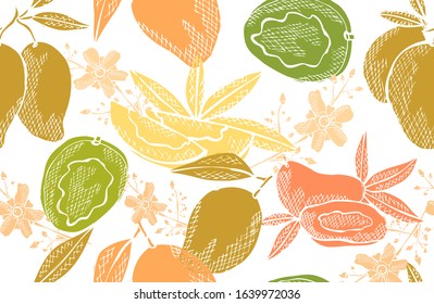 Elegant seamless pattern with mango fruits, design elements. Fruit  pattern for invitations, cards, print, gift wrap, manufacturing, textile, fabric, wallpapers. Food, kitchen, vegetarian theme
