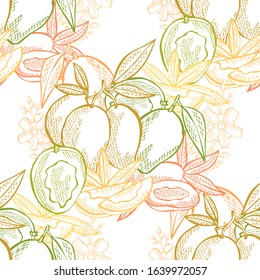 Elegant seamless pattern with mango fruits, design elements. Fruit  pattern for invitations, cards, print, gift wrap, manufacturing, textile, fabric, wallpapers. Food, kitchen, vegetarian theme