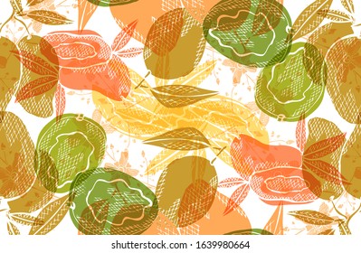 Elegant seamless pattern with mango fruits, design elements. Fruit  pattern for invitations, cards, print, gift wrap, manufacturing, textile, fabric, wallpapers. Food, kitchen, vegetarian theme