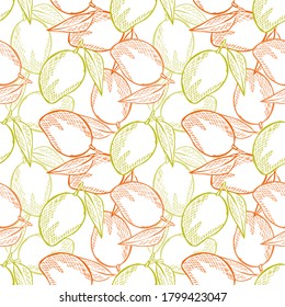 Elegant seamless pattern with mango fruits, design elements. Fruit  pattern for invitations, cards, print, gift wrap, manufacturing, textile, fabric, wallpapers. Food, kitchen, vegetarian theme