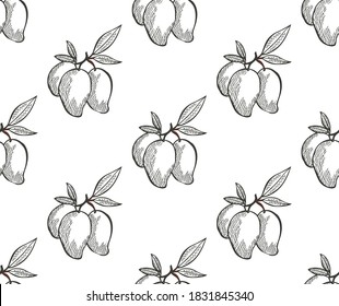 Elegante y sin fisuras con frutos de mango, elementos de diseño. Patrón de fruta para invitaciones, tarjetas, impresión, envoltura de regalo, manufactura, textiles, tela, papel pintado. Comida, cocina, temática vegetariana