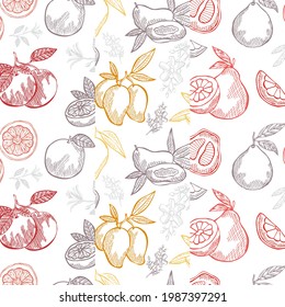 Elegant seamless pattern with mango, grapefruit and pomelo, design elements. Fruit  pattern for cards, print, gift wrap, manufacturing, textile, fabric, wallpapers. Food, vegetarian theme