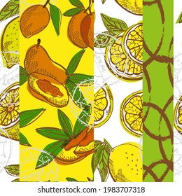 Elegante patrón impecable con elementos de diseño de mango y limón. Patrón de fruta para tarjetas, papel, envoltura de regalo, manufactura, textiles, tela, papel pintado. Comida, cocina, temática vegetariana
