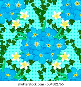 Elegant seamless pattern with many decorative flowers on blue background. Colorfil elements for design. Vector floral pattern for wedding invitations, greeting cards, print, gift wrap, fabric, textile