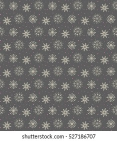 Elegant seamless pattern of many gold and purple snowflakes on dark grey background. Christmas winter theme for gift wrapping. New Year seamless background for website.