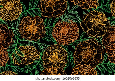 Elegant seamless pattern with marigold flowers, design elements. Floral  pattern for invitations, cards, print, gift wrap, manufacturing, textile, fabric, wallpapers