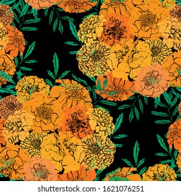 Elegant seamless pattern with marigold flowers, design elements. Floral  pattern for invitations, cards, print, gift wrap, manufacturing, textile, fabric, wallpapers