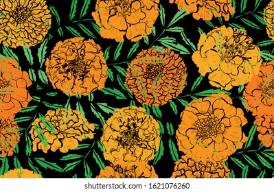 Elegant seamless pattern with marigold flowers, design elements. Floral  pattern for invitations, cards, print, gift wrap, manufacturing, textile, fabric, wallpapers