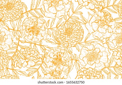 Elegant seamless pattern with marigold flowers, design elements. Floral  pattern for invitations, cards, print, gift wrap, manufacturing, textile, fabric, wallpapers