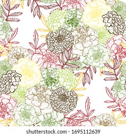 Elegant seamless pattern with marigold flowers, design elements. Floral  pattern for invitations, cards, print, gift wrap, manufacturing, textile, fabric, wallpapers