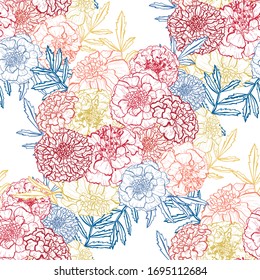 Elegant seamless pattern with marigold flowers, design elements. Floral  pattern for invitations, cards, print, gift wrap, manufacturing, textile, fabric, wallpapers