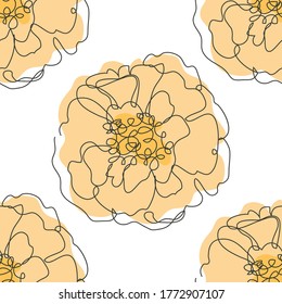 Elegant seamless pattern with marigold flowers, design elements. Floral  pattern for invitations, cards, print, gift wrap, manufacturing, textile, fabric, wallpapers. Continuous line art style