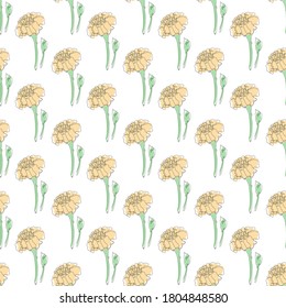 Elegant seamless pattern with marigold flowers, design elements. Floral  pattern for invitations, cards, print, gift wrap, manufacturing, textile, fabric, wallpapers. Continuous line art style
