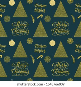 Elegant seamless pattern with Merry Christmas and Warm Wishes calligraphy sign, Christmas tree, snowflake. Winter stylish decorative wallpaper golden design on dark blue background.