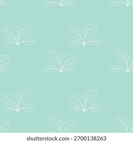 Elegant seamless pattern of minimalist white leaves on a soft aqua background.  Perfect for textile design, wallpaper, packaging, or website backgrounds.