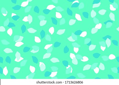Elegant seamless pattern with mint green petals floating in the air. Flowers petals. Falling flower or fruit tree petals on green background. Sketch vector illustration