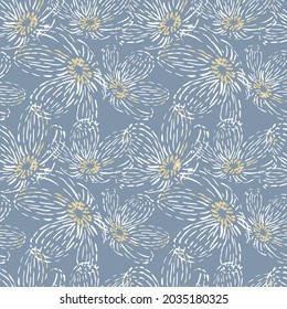 
Elegant seamless pattern with modern embroidery blue daisy flowers, design elements. Floral pattern for invitations, cards, print, gift wrap, manufacturing, textile, fabric, wallpapers