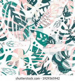 Elegant seamless pattern with Modern exotic design collage, design elements. Floral pattern for invitations, cards, print, gift wrap, manufacturing, textile, fabric, wallpapers. 2021 color trends