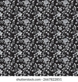 Elegante patrón sin fisuras con flores y hojas gris monocromo sobre un fondo negro. Una Ilustración vectorial botánica de inspiración vintage, dibujada a mano. Ideal para estampados textiles, papelería y decoración.