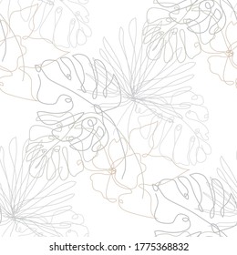 Elegant seamless pattern with monstera and hibiscus flowers, design elements. Floral  pattern for invitations, cards, print, gift wrap, manufacturing, textile, fabric. Continuous line art style