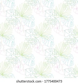Elegant seamless pattern with monstera and hibiscus flowers, design elements. Floral  pattern for invitations, cards, print, gift wrap, manufacturing, textile, fabric. Continuous line art style