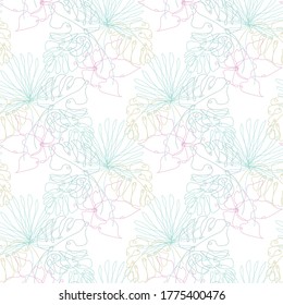 Elegante y sin fisuras con flores de monastera e hibisco, elementos de diseño. Patrón floral para invitaciones, tarjetas, impresión, envoltura de regalo, fabricación, textil, tela. Estilo de arte de línea continuo