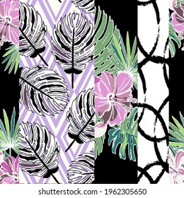 Elegantes, nahtloses Muster mit Monstera- und Hibiskusblumen, Design-Elementen. Blumenmuster für Einladungen, Karten, Druck, Geschenkverpackungen, Herstellung, Textilien, Gewebe, Wallpaper