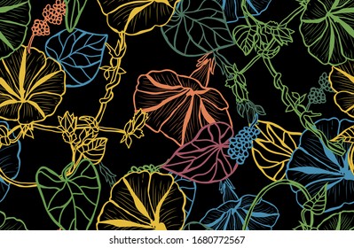 Elegant seamless pattern with morning glory flowers, design elements. Floral  pattern for invitations, cards, print, gift wrap, manufacturing, textile, fabric, wallpapers