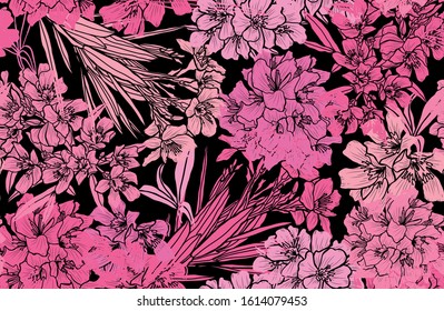 Elegant seamless pattern with oleander flowers, design elements. Floral  pattern for invitations, cards, print, gift wrap, manufacturing, textile, fabric, wallpapers