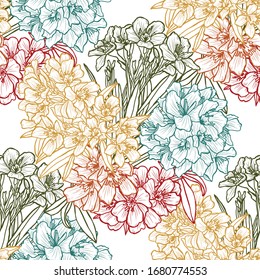 Elegant seamless pattern with oleander flowers, design elements. Floral  pattern for invitations, cards, print, gift wrap, manufacturing, textile, fabric, wallpapers