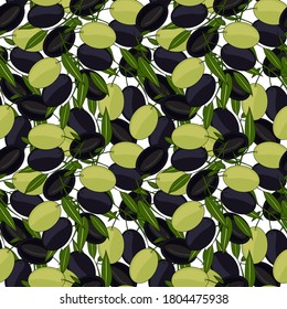 Elegante patrón sin fisuras con aceitunas, elementos de diseño. Patrón de olivo para invitaciones, tarjetas, papel, envoltura de regalo, manufactura, textiles, tela, papel pintado. Comida, cocina, temática vegetariana