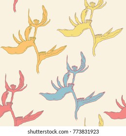 Elegant seamless pattern on beige background with heliconia flower branches, hand drawn with ink. 