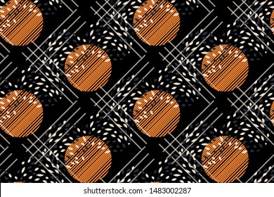 Elegant seamless pattern with orange circles, various geometric shapes on a dark background. Abstract vintage design, grunge texture, creative artistic print, Wallpaper, fabric... Vector illustration.