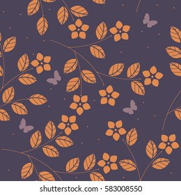 Elegant seamless pattern with orange flowers, leaves and purple butterflies for your creative ideas.