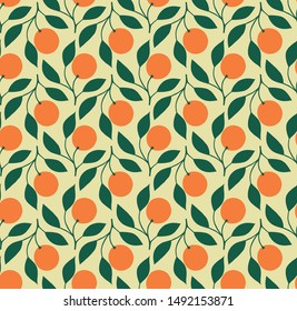 Elegant seamless pattern with orange on branch motifs. Retro style pattern with hand drawn oranges.
