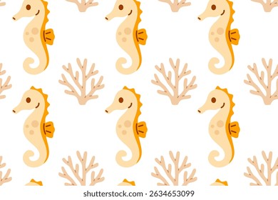 Elegant seamless pattern with orange seahorses and coral elements on white, great for children's marine visuals