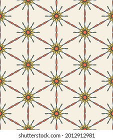 elegante patrón sin costuras. se agrupan polígonos anaranjados, amarillos, segmentos, círculos con trazos oscuros y se organizan en filas sobre un fondo beige claro. vector 