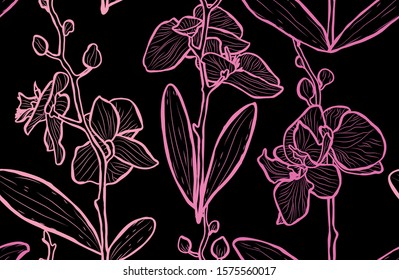 Elegant seamless pattern with orchid flowers, design elements. Floral  pattern for invitations, cards, print, gift wrap, manufacturing, textile, fabric, wallpapers