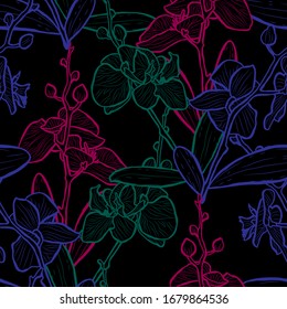 Elegant seamless pattern with orchid flowers, design elements. Floral  pattern for invitations, cards, print, gift wrap, manufacturing, textile, fabric, wallpapers