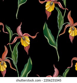 Elegantes, nahtloses Muster mit orchiden Blumen, Designelementen. Blumenmuster für Einladungen, Karten, Druck, Geschenkverpackungen, Herstellung, Textilien, Gewebe, Wallpaper